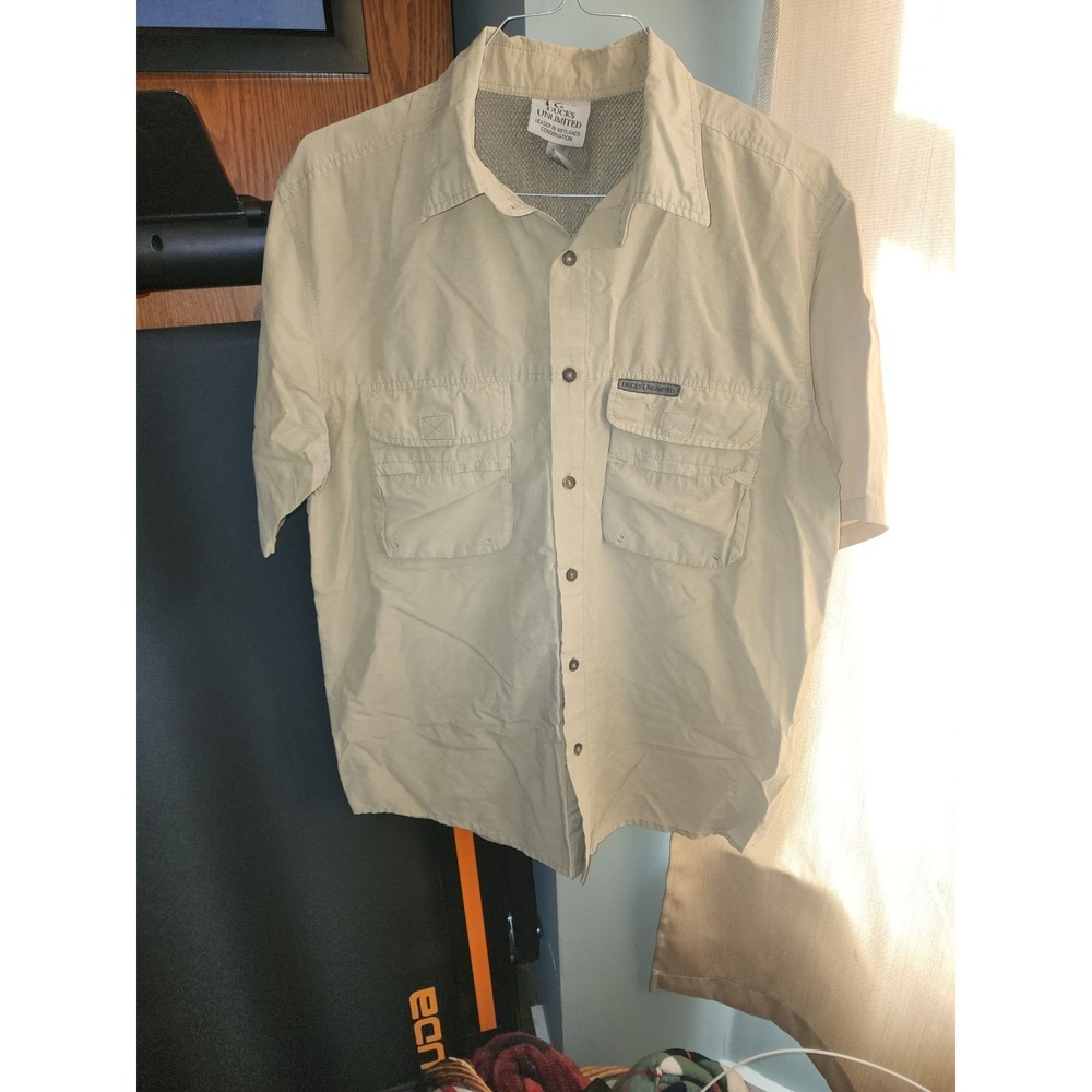 Ducks Unlimited Shirt Men's L Beige Mesh Pockets Hunting Fishing Vented EUC